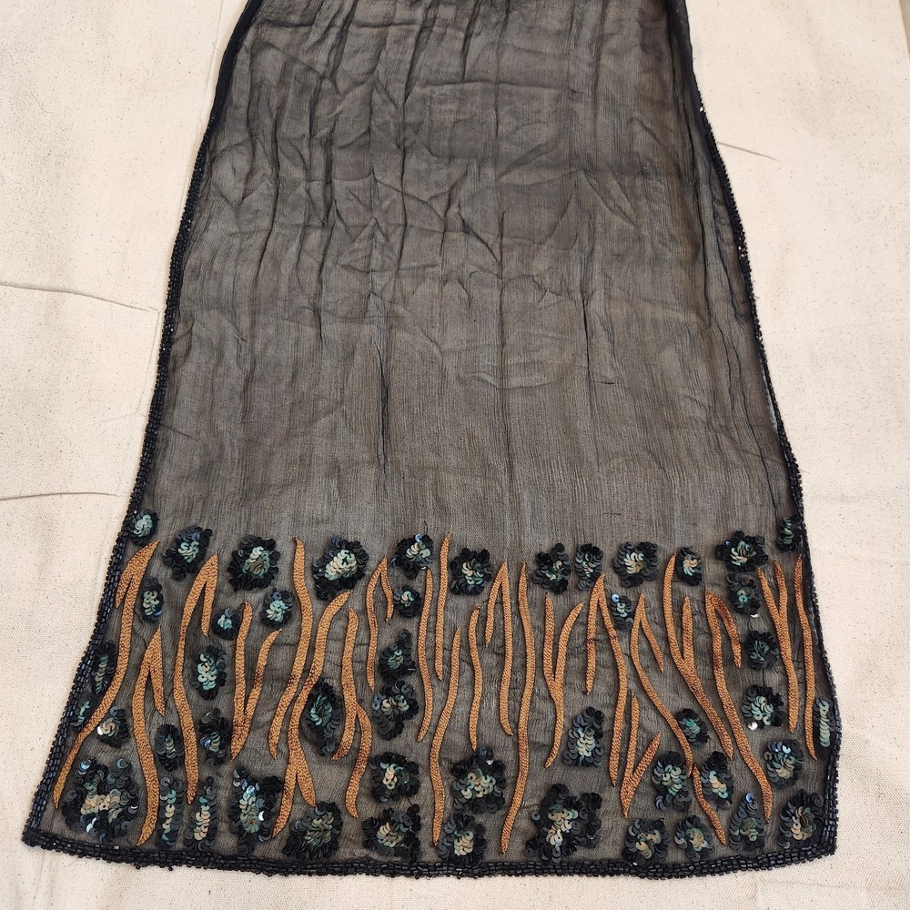 Vintage Black Sheer Evening Scarf Beaded Edge Gold Embroidery Sequin Shawl Wrap